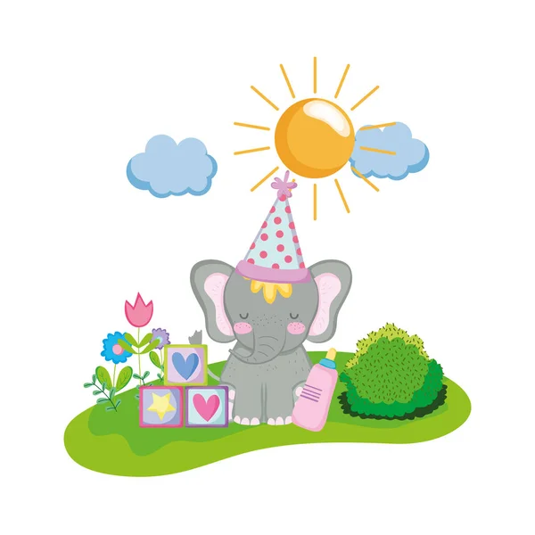 Elefante lindo y pequeño con sombrero de fiesta — Vector de stock