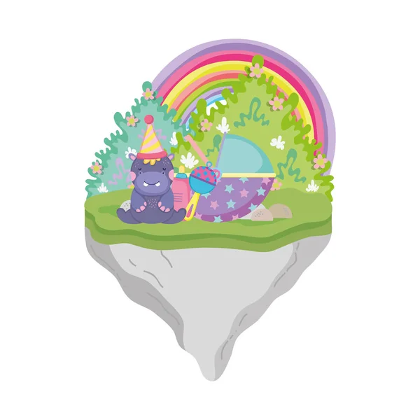 Parti şapka ile sevimli ve küçük Hippo karakter — Stok Vektör