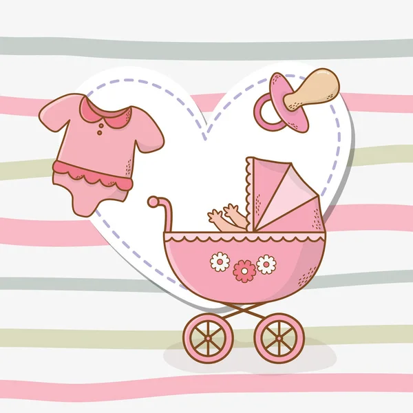 Tarjeta de ducha de bebé con carro rosa — Vector de stock