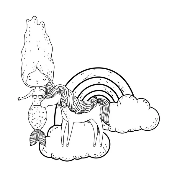 Sirena con unicornio y arco iris en las nubes — Vector de stock