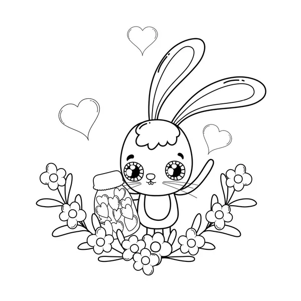 Niedliches Kaninchen mit Blumen Blumenstrauß Valentinstag — Stockvektor