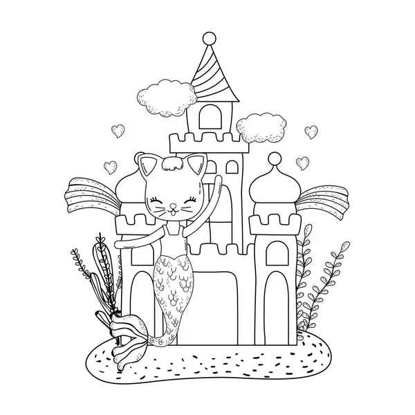 Cute purrmaid with castle and rainbow undersea — Stock Vector