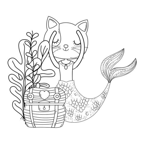 Cute purrmaid with treasure chest — Stock Vector