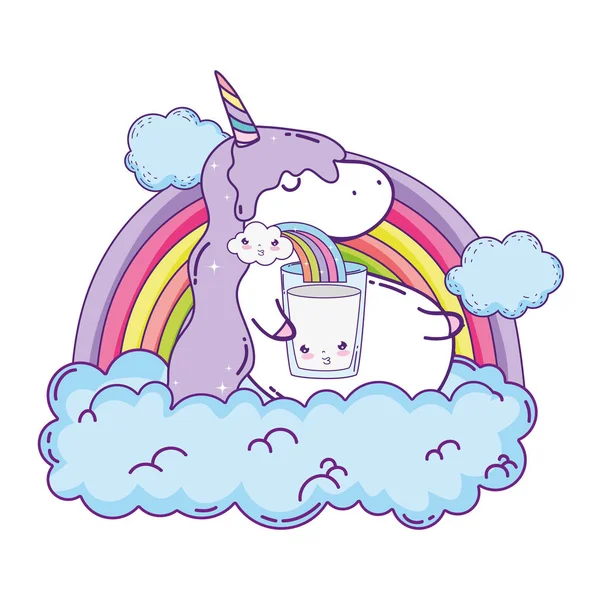 bulutlar ve gökkuşağı Kawaii ile sevimli Unicorn