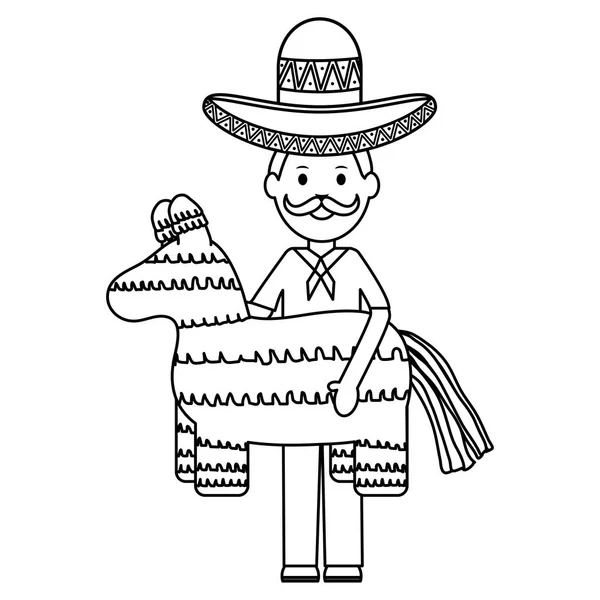 Hombre mexicano con sombrero de mariachi y piñata — Vector de stock