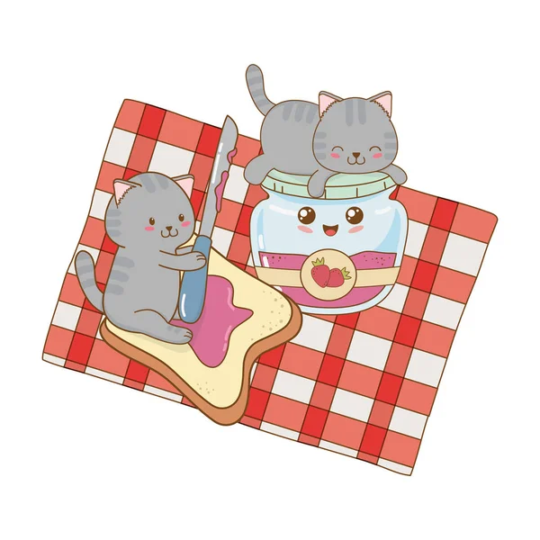 Roztomilé malé kočky s jahodovým džemem kawaii znaky — Stockový vektor