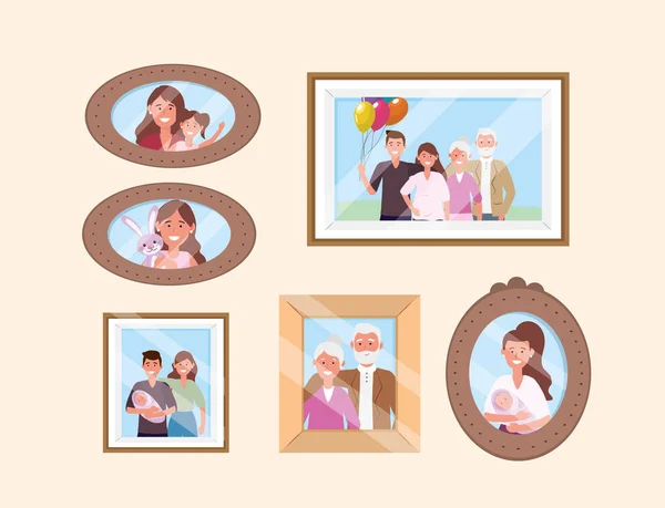 Set happy family pictures memories decoration — Stock Vector