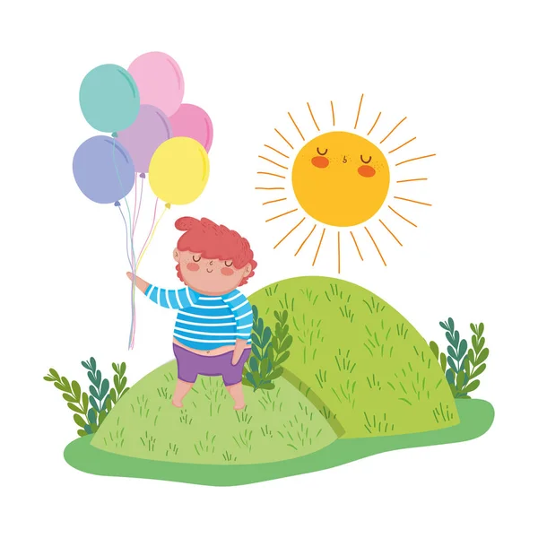 Pequeño gordito chico con globos helio en el paisaje — Vector de stock