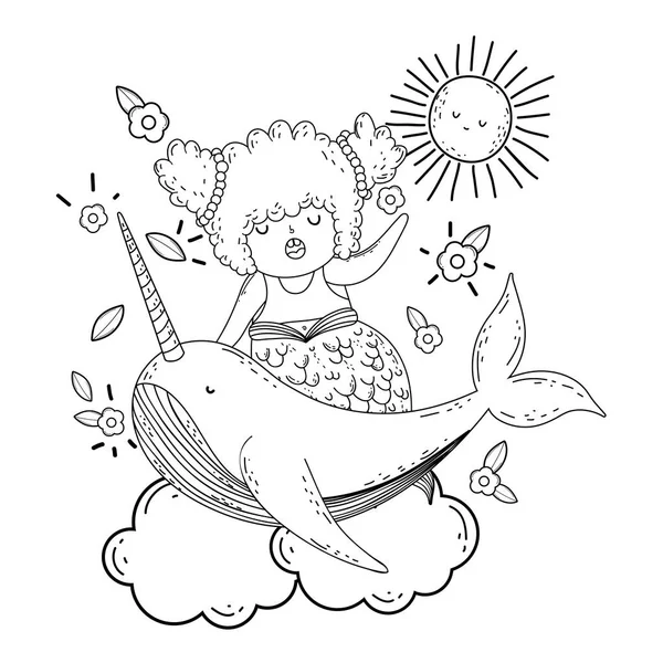 Hermosa sirena con narval personaje de cuento de hadas — Vector de stock
