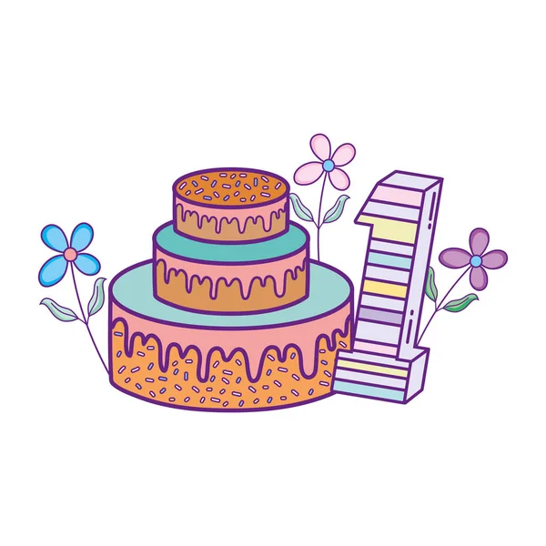 Pastel de fiesta con flores y y vela número uno — Vector de stock