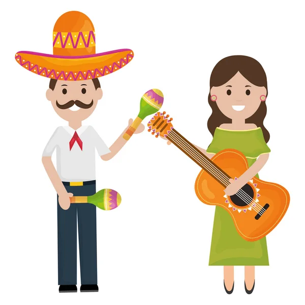 Pareja mexicana con sombrero e instrumentos de mariachi — Vector de stock
