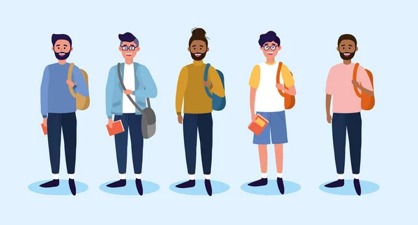 Définir les hommes universitaires avec des vêtements décontractés et sac à dos — Image vectorielle