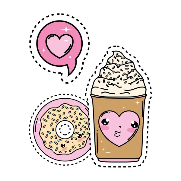 可爱的冰淇淋与甜甜圈和心脏卡瓦伊 — 图库矢量图片