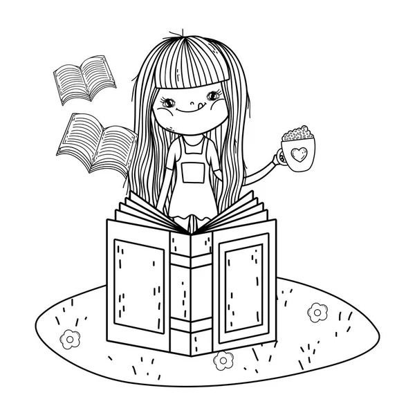 Feliz niña leyendo libro en el campo — Vector de stock