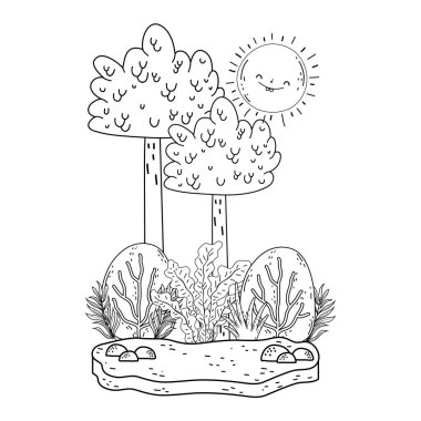 Güneş kawaii ve ağaçları ile güzel manzara