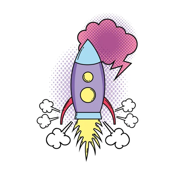 Rocket Flying met spraak Bubble Pop Art Style — Stockvector