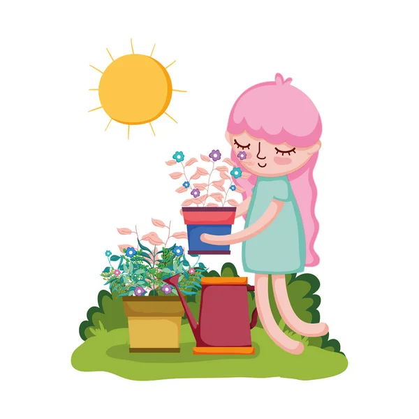 Niña levantando planta de interior con aspersor en el jardín — Vector de stock