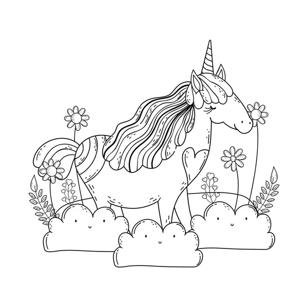 Beautiful little unicorn in the clouds — Stock Vector