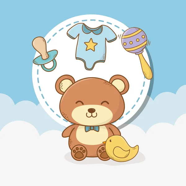 Baby shower card with bear teddy and accessories — Stock Vector