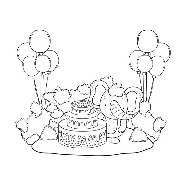 Olifant met cake en ballonnen helium in het veld — Stockvector