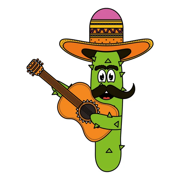 Mexicaanse cactus met hoed en gitaar Comic karakter — Stockvector