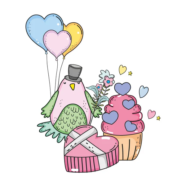 Lindo pajarito con dulce cupcake carácter encantador — Vector de stock