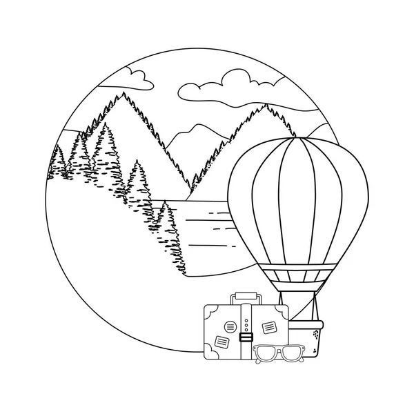 Μπαλόνι αέρα καυτό πετώντας με πεύκα και βαλίτσα — Διανυσματικό Αρχείο