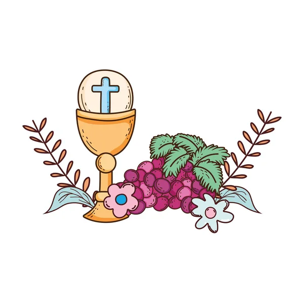 Sacred chalice religious with grapes — Stock Vector