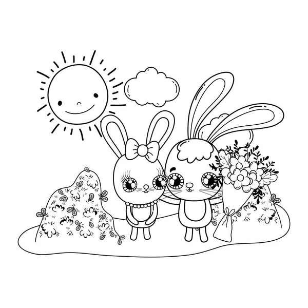 Χαριτωμένο κουνέλια ζευγάρι με λουλούδια ημέρα του Αγίου Βαλεντίνου — Διανυσματικό Αρχείο