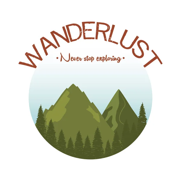 Etiqueta wanderlust con paisaje y escena del bosque — Vector de stock