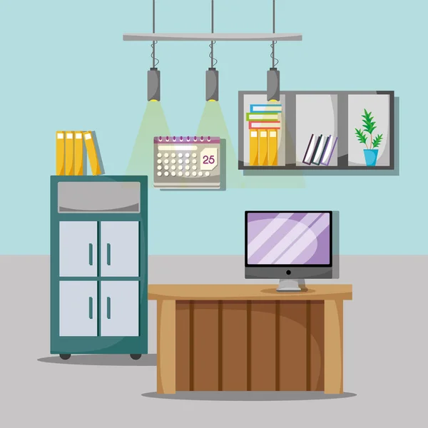 Appartement de bureau avec bureau et accessoires de travail — Image vectorielle