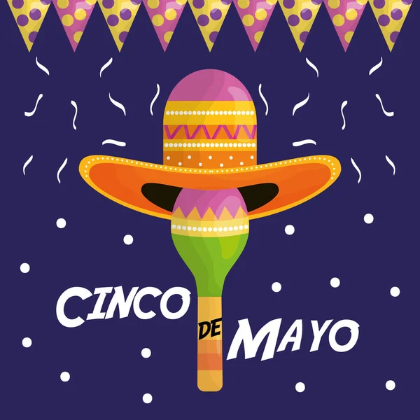 Cinco de mayo celebrazione con cappello messicano e maraca — Vettoriale Stock