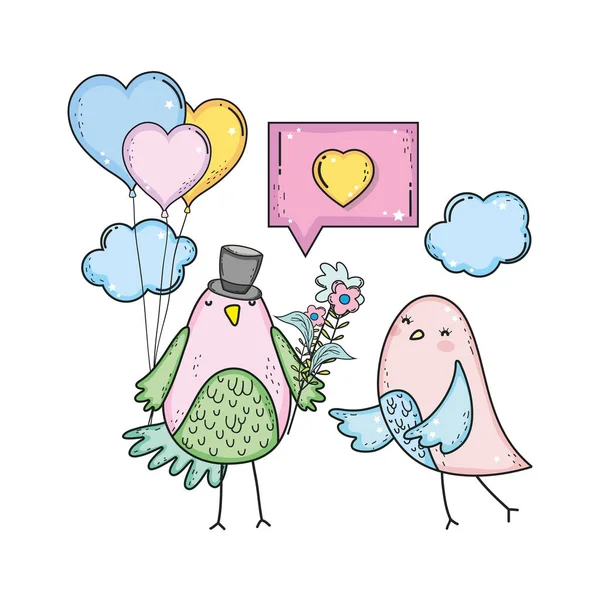 Cute little birds couple with speech bubble and heart — Stock Vector