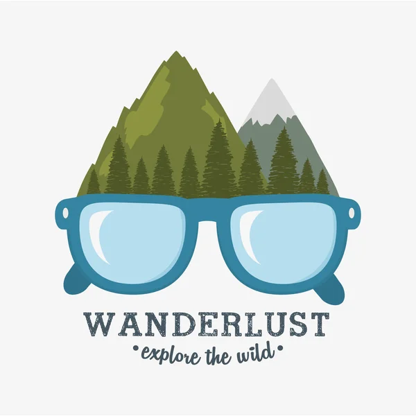 Wanderlust label with forest scene and eyeglasses — Stock Vector