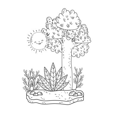 Güneş kawaii ve ağaçları ile güzel manzara