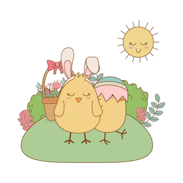 Petits poussins personnages de Pâques dans la scène du jardin — Image vectorielle