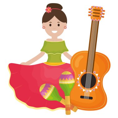 gitar ve maracas ile güzel meksikalı kadın
