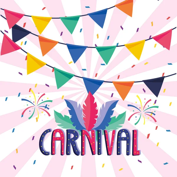 Pancarta de fiesta con plumas y fuegos artificiales para el carnaval — Vector de stock