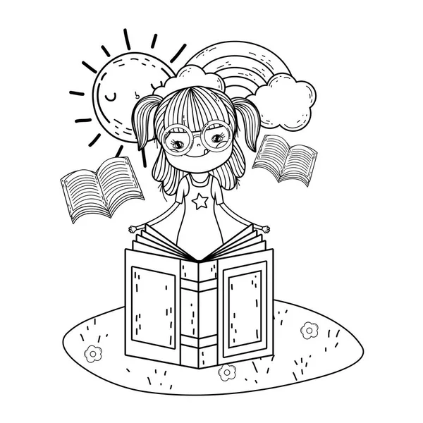 Chica leyendo libro con sol kawaii en el campo — Vector de stock