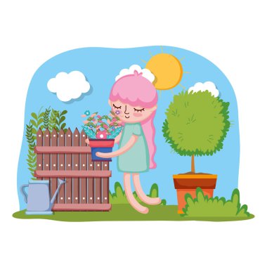 küçük kız ağaç ve çit ile houseplant kaldırma