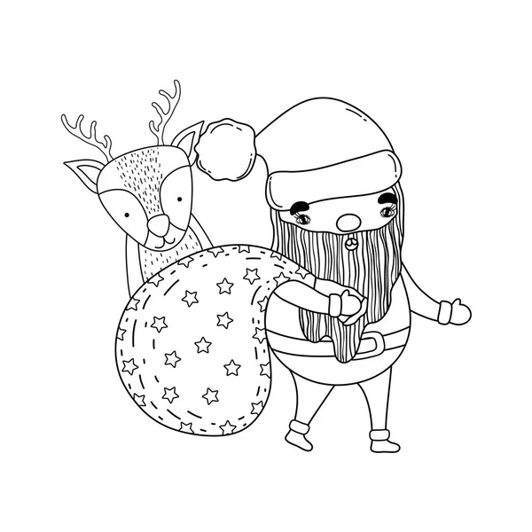 可爱的圣诞老人与包和鹿 — 图库矢量图片