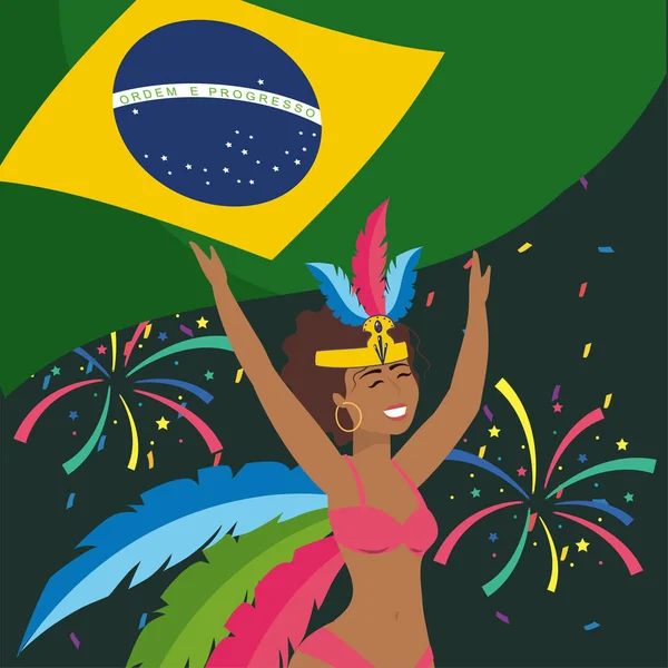 Jolie fille danseuse avec drapeau brésilien et feux d'artifice — Image vectorielle