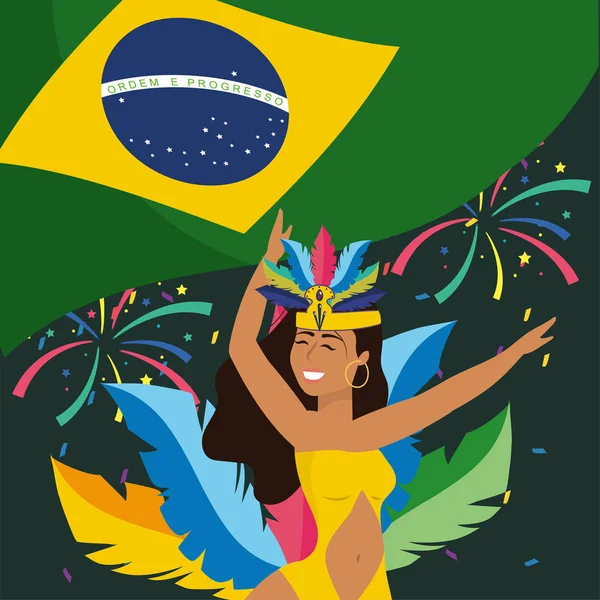 Dziewczyna tancerz z fajerwerkami i flaga Brazylii — Wektor stockowy