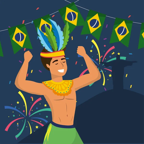 Homme danseur avec costume et bannière brésilienne fête — Image vectorielle