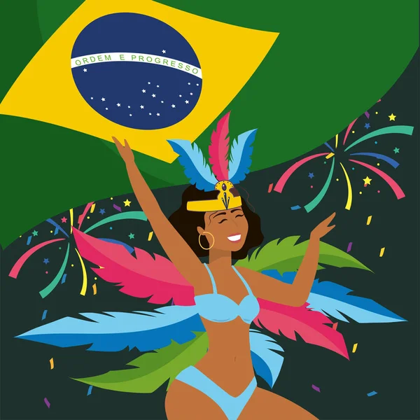 Linda bailarina con bandera de Brasil y plumas — Vector de stock