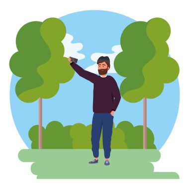 Bin yıllık genç kişi akıllı telefon selfie yuvarlak çerçeve