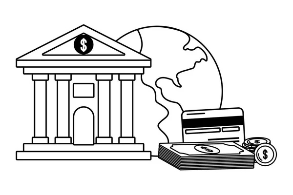 Moneda dinero factura pila banco frente blanco y negro — Vector de stock