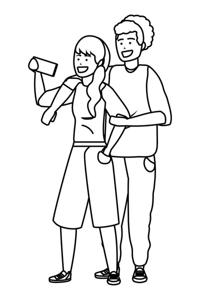 Millennial casal smartphone tomando selfie preto e branco — Vetor de Stock