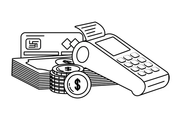 Banking Datafone Münze und Geldschein Stapel schwarz und weiß — Stockvektor