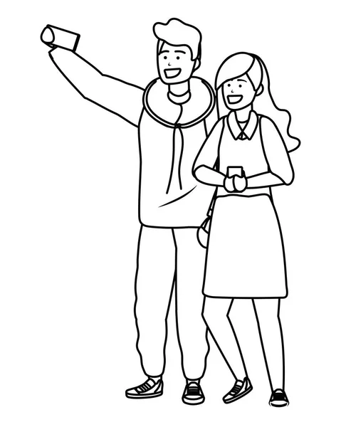 Millennial pareja smartphone tomando selfie en blanco y negro — Vector de stock